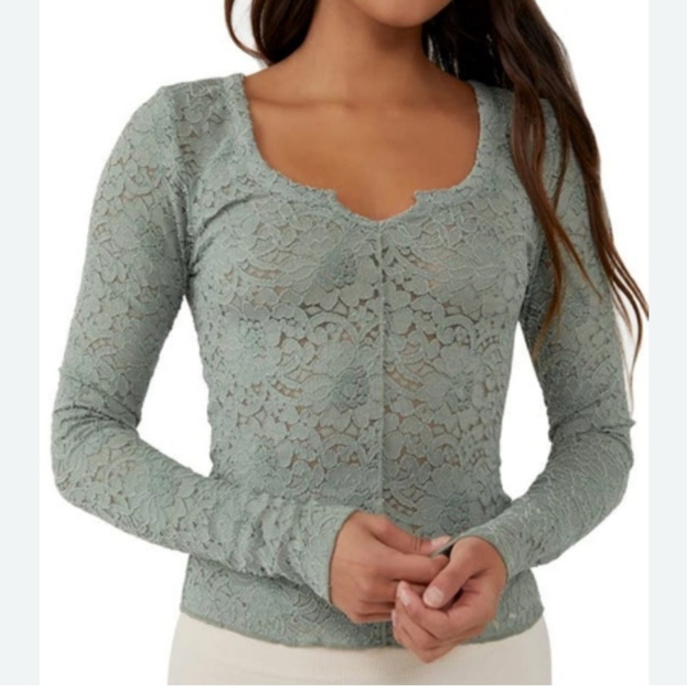 NWOT | Free People | Cloud Ride | Lace | Notch Neck | LS | Sage | XS 🕥